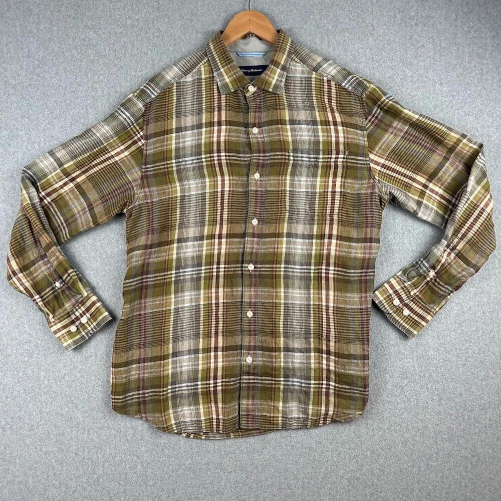 Tommy Bahama 100% Linen Button Up Shirt Plaid Brown Red Large Men's Shirt Relax